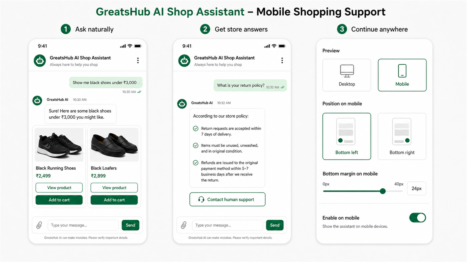 AI shopping assistant showing mobile product recommendations, store policy answers, human support, and responsive chat placement controls.