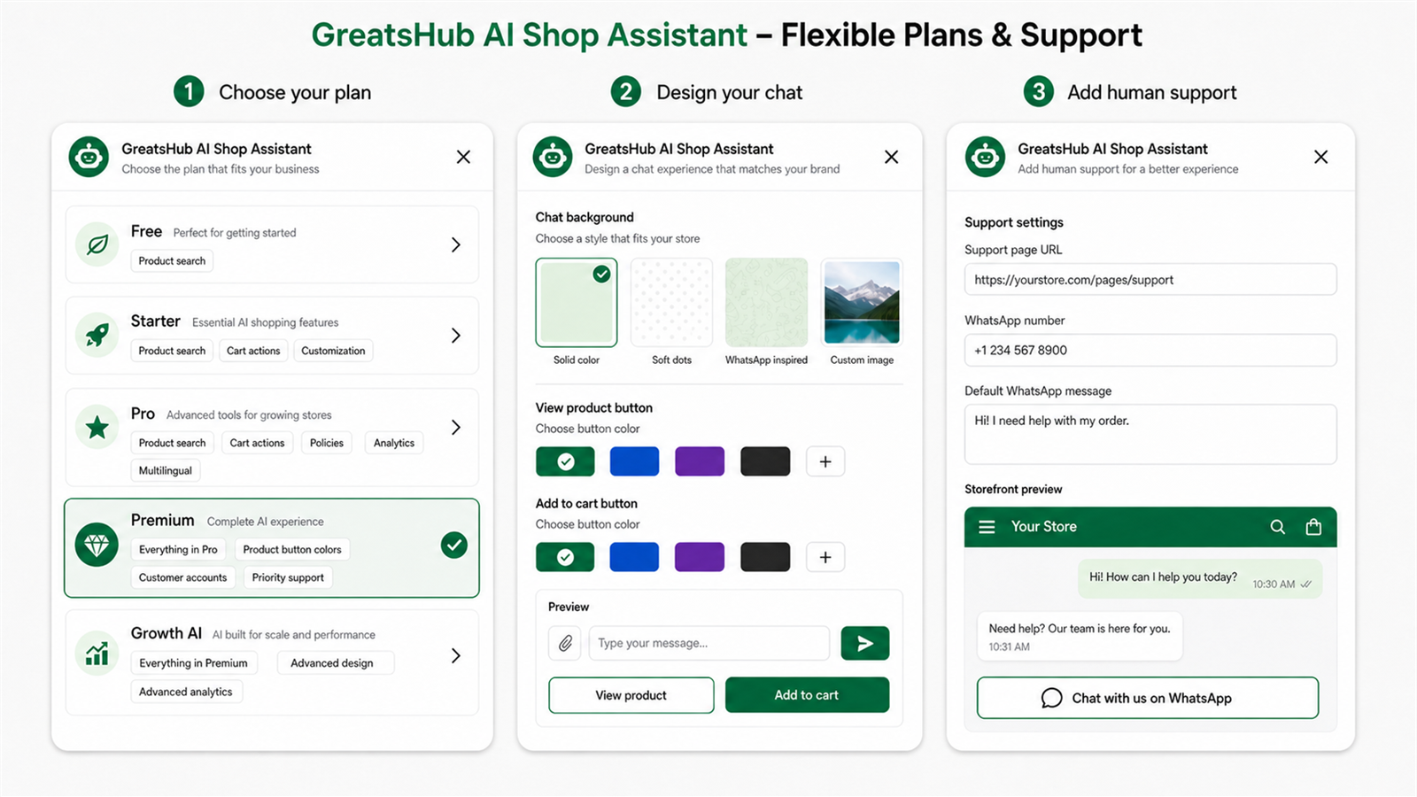 AI shopping assistant settings showing subscription plans, chat design customization, product button colors, and WhatsApp support options.